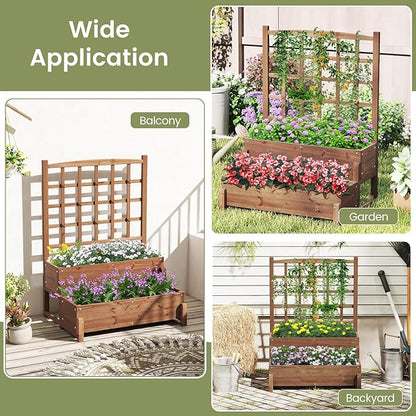 2 Pieces Raised Garden Bed with Trellis, 2-Tier Wooden Elevated Planter Box with Legs, Hemp Rope & Drainage Holes, Raised Plant Bed for Backyard, Garden, Lawn