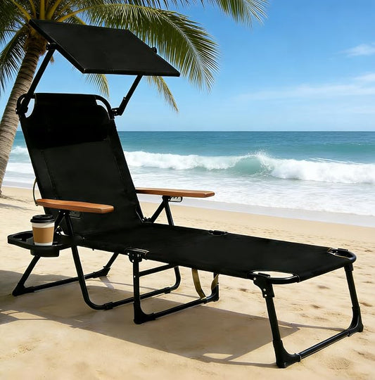 Folding Lounge Chairs for Outside, 4-Position Reclining Outdoor Lounge Chair, Sun Bathing Lounge Chair with Wooden Armrest, Pillow & Cup Holder, Reclining Beach Chair for Garden Beach Patio Camp