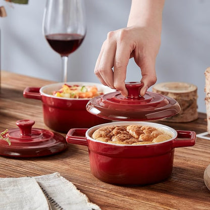 Lareina Mini Cocotte - 12oz Ceramic Casserole Dishes - Kitchen Casserole Sets With Handles And Lid - Small Baking Ramekins - Oven, Microwave & Dishwasher Safe - Set of 4 - Red | Small casserole ramekins with handles, oven, microwave & dishwasher safe. ...