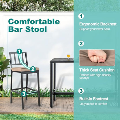 COSTWAY 3 Piece Outdoor Patio Bar Set, 55" Rectangular Pub Height High Top Bar Table with 2 Cushioned Bar Stools, Metal Bar Table and Chairs Set for Balcony, Backyard, Porch