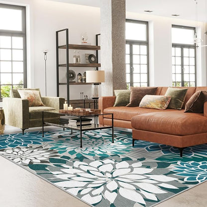 Colorful 5x8 Outdoor Area Rug Washable Multicolored Patio Rug Tropical Botanical Floral Chenille Waterproof Outdoor Carpet for Living Room, Deck, Backyard, Porch, Teal