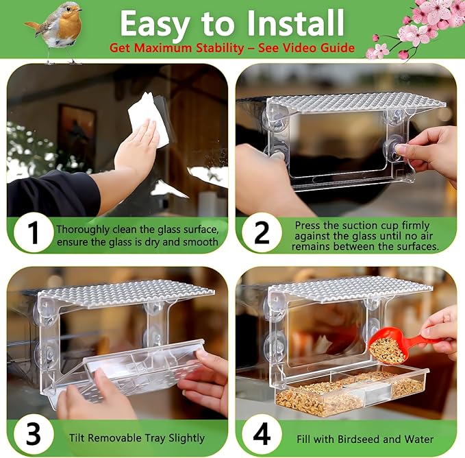 Gbekery Window Bird Feeder for Outdoors with Strong Suction Cups, Acrylic Clear Window Bird Feeders for Viewing with Large Capacity Detachable Seed & Water Tray