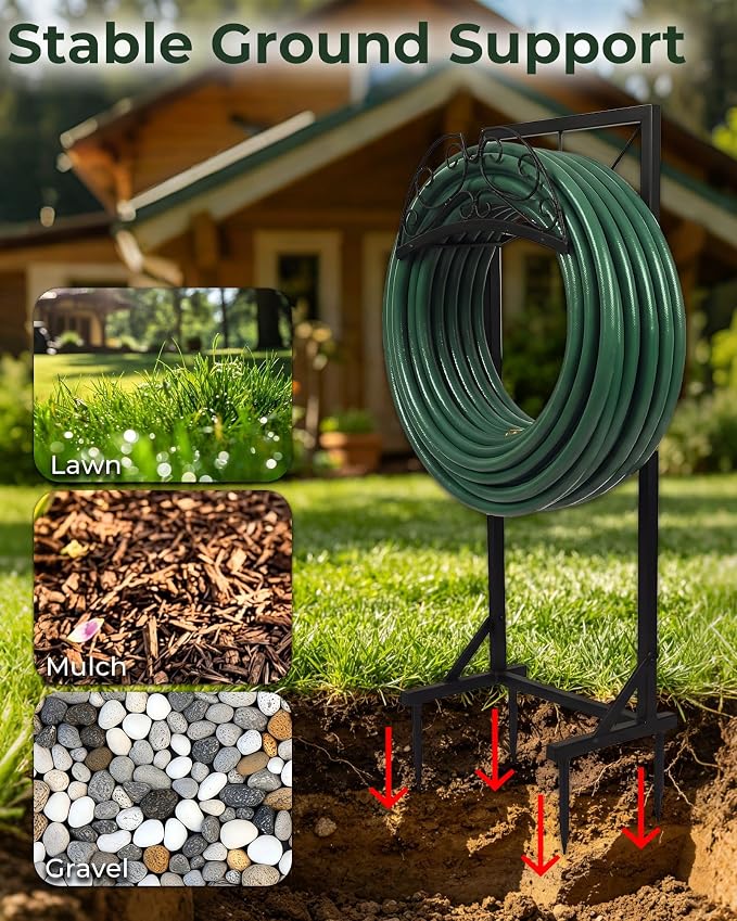 Garden Hose Holder Stand, Heavy Duty Freestanding Metal Rack | Reinforced Triangle Support, Dual Ground Stakes & Weather-Resistant Finish for Elegant Outdoor Storage