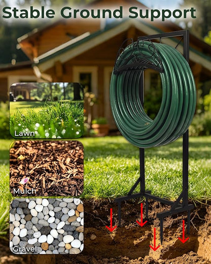 Garden Hose Holder Stand, Heavy Duty Freestanding Metal Rack | Reinforced Triangle Support, Dual Ground Stakes & Weather-Resistant Finish for Elegant Outdoor Storage