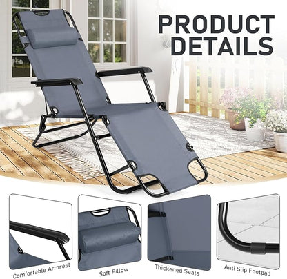 Outvita Folding Chaise Lounge Chair, Outdoor Adjustable Recliner Chair with Pillow for Camping, Beach, Poolside, Garden, Backyard, Lawn