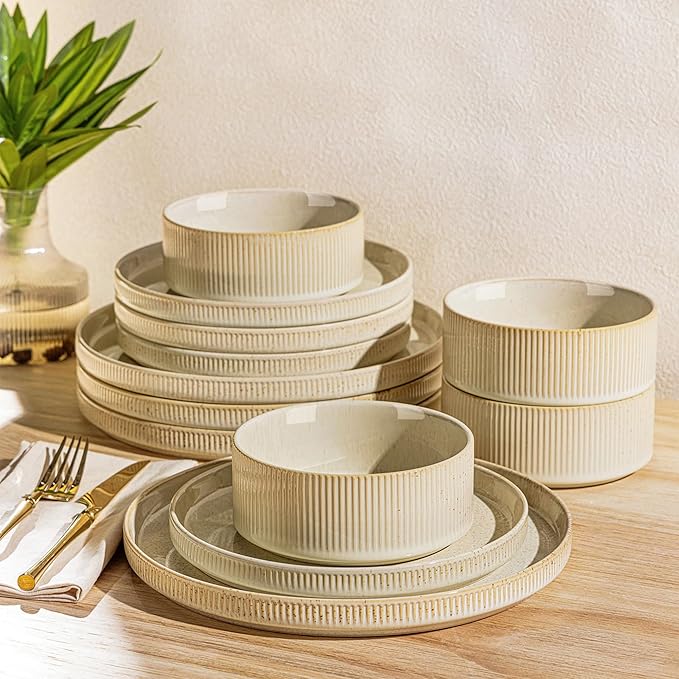 TheTerra Ceramic Dinnerware Set for 4, 12-Piece Plates and Bowls Set | Lightweight Porcelain Dish Set, Scratch Resistant, Oven & Microwave & Dishwasher Safe, Cappuccino