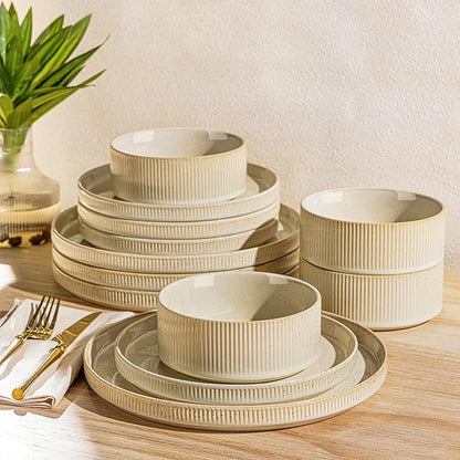 TheTerra Ceramic Dinnerware Set for 4, 12-Piece Plates and Bowls Set | Lightweight Porcelain Dish Set, Scratch Resistant, Oven & Microwave & Dishwasher Safe, Cappuccino