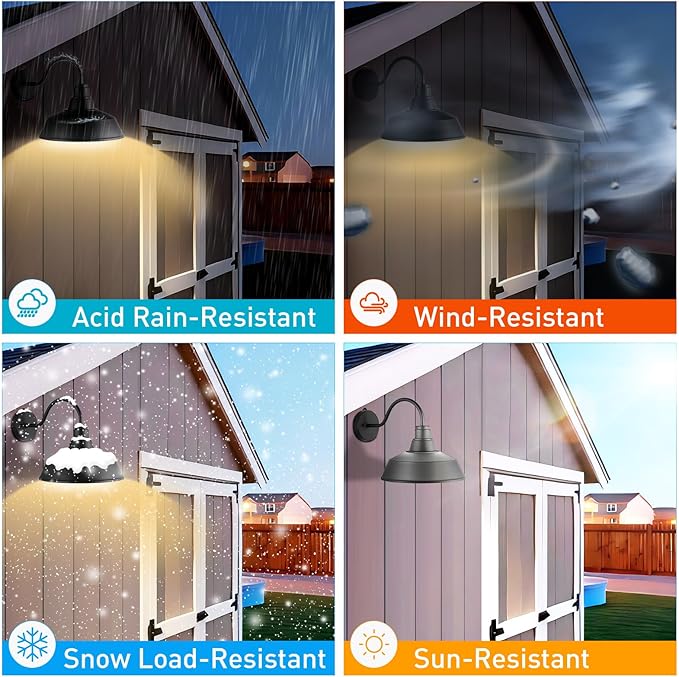 12.4" Dome Gooseneck Barn Light, Outdoor Anti-Rust&Waterproof Farmhouse Wall Sconce, Wall Lanterns for Porch/Patio, E26 Base 100W Max(Black 1-Pack Dusk to Dawn Outdoor Lighting)