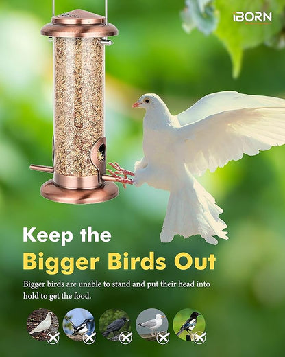 iBorn Metal Bird Feeder Hanging Wild Bird Feeders for Mix Seed Blends Heavy Duty All Metal Finishing, Copper Finish, 9 Inch 2 Port (Seed is not Included)