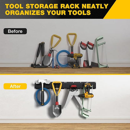 Garage Tool Organizer Wall Mount with 32 inches Rails and Adjustable Heavy-Duty Hooks, Garden Tool Organizer, Carries 300 lbs, Heavy Duty Garage Storage Rack For Yard, Shed, Workshop, Easy to Install