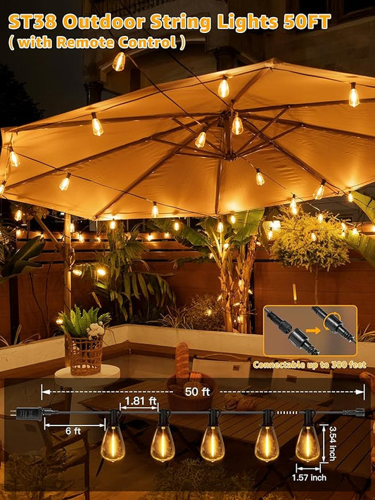 Outdoor String Lights Dimmable with Remote, 50 FT Outdoor Lights with 2 Timer and 3 Modes, Waterproof & Shatterproof Patio Lights, 2200K Energy Saving String Lights 2 Spare Bulbs for Patio Yard