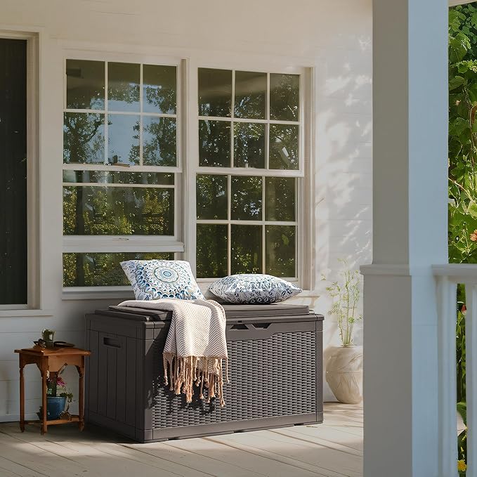 Flamaker Deck Box with Cushion 98 Gallon Waterproof Resin Storage Box with Air Rod Indoor Outdoor Lockable Storage Bench for Patio Furniture, Tools, Pool Accessories (Deep Brown)
