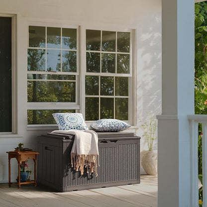 Flamaker Deck Box with Cushion 98 Gallon Waterproof Resin Storage Box with Air Rod Indoor Outdoor Lockable Storage Bench for Patio Furniture, Tools, Pool Accessories (Deep Brown)