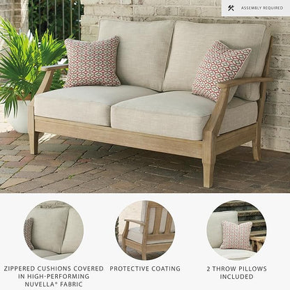 Signature Design by Ashley Clare View Coastal Outdoor Loveseat, Cushioned with Nuvella Fabric, Protective Finish, Eucalyptus Wood, 55.5" W x 35" D x 32" H, Beige