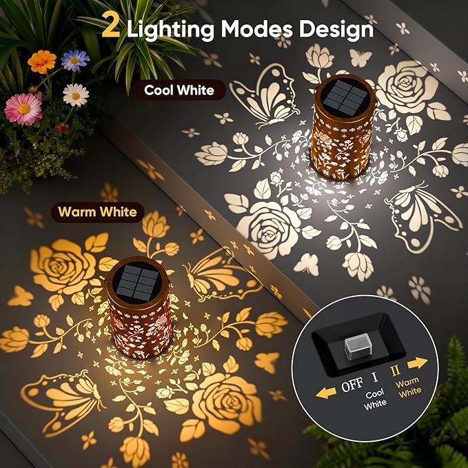 Butterfly Rose Solar Lanterns Outdoor: 2 Pack Hanging Metal LED Garden Lights Waterproof for Yard Patio Backyard - Birthday Christmas Gifts for Women Mom Grandma