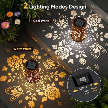 Butterfly Rose Solar Lanterns Outdoor: 2 Pack Hanging Metal LED Garden Lights Waterproof for Yard Patio Backyard - Birthday Christmas Gifts for Women Mom Grandma