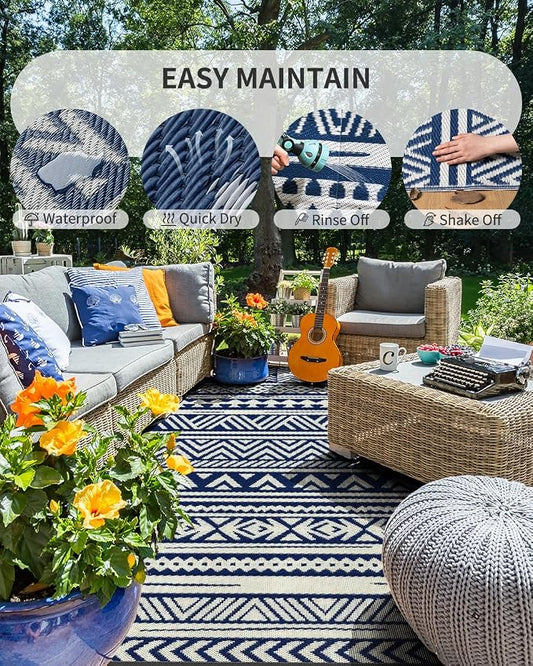 MontVoo Outdoor Rug Carpet Waterproof 6x9 Outdoor Patio Rug Mat Reverisble Plastic Straw Outdoor Rug for RV Camping Picnic Beach Balcony Boho Navy Blue