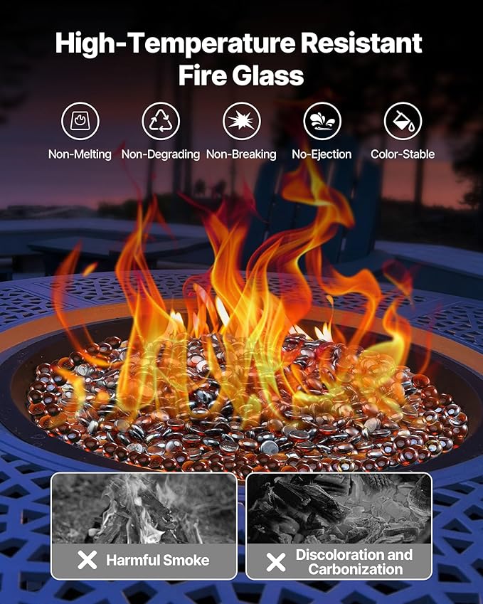 VEVOR Fire Glass, 10LBS / 4.5KG High-Temperature Resistant Fireplace Rocks, 3/4-Inch / 19.05 mm Reflective & Smokeless Firepit Glass Beads, High Luster Stone Landscaping for Fire Pit Table, Rich Amber