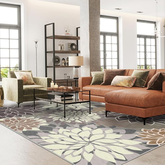 Colorful 5x8 Outdoor Area Rug Washable Multicolored Patio Rug Tropical Botanical Floral Chenille Waterproof Outdoor Carpet for Living Room, Deck, Backyard, Porch, Taupe
