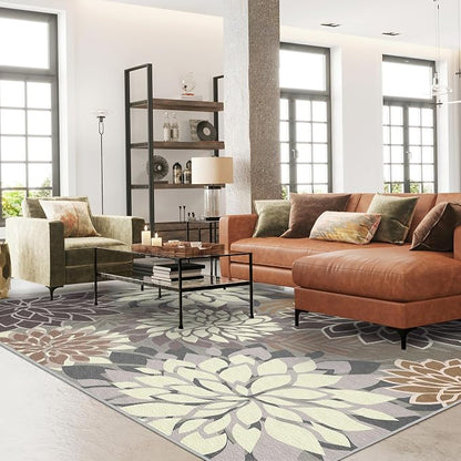 Colorful 5x8 Outdoor Area Rug Washable Multicolored Patio Rug Tropical Botanical Floral Chenille Waterproof Outdoor Carpet for Living Room, Deck, Backyard, Porch, Taupe