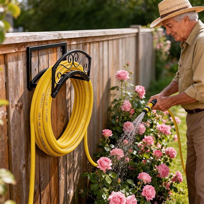 BOLITE Garden Hose Holder Wall Mount, Heavy Duty Metal Water Hose Holder for Outside, Hose Storage Holds 150FT Water Pipe for Yard, Lawn, Garden, Farm, Gifts for Women Men