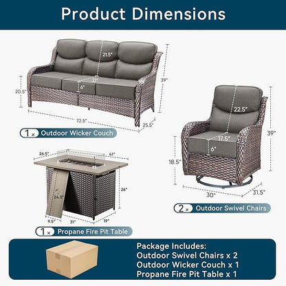 Luxury High Back Outdoor Furniture 6-Inch Thick Cushions with 50,000 BTU Gas Propane Fire Pit Tablet, Patio Furniture Set with Swivel Chairs, for Porch, Balcony, Deck and Yard