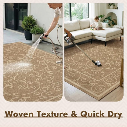 MontVoo-Outdoor Rug-Patio Rug 6x9 ft Polypropylene Indoor Outdoor Rugs Outdoor Carpet for Patio Deck Balcony Porch, Textured Weave, Durable for High Traffic, Fade-Resistant, Vintage Neutral Brown
