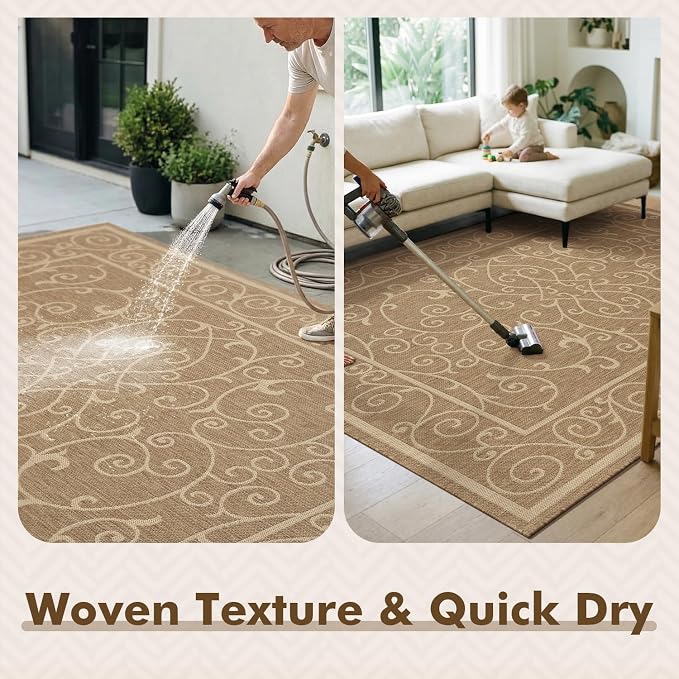 MontVoo-Outdoor Rug-Patio Rug 5x7 ft Polypropylene Indoor Outdoor Rugs Outdoor Carpet for Patio Deck Balcony Porch, Textured Weave, Durable for High Traffic, Fade-Resistant, Vintage Neutral Brown