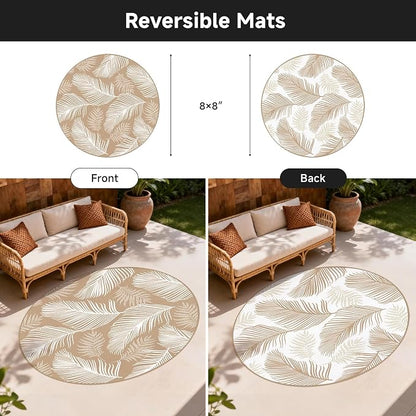 Pauwer Waterproof Outdoor Rug 8ft, Reversible Plastic Straw Patio Camping Rug, Indoor Outdoor RV Mat Carpet for Deck, Camper, Porch, Balcony, Backyard, Picnic, Leaf Brown