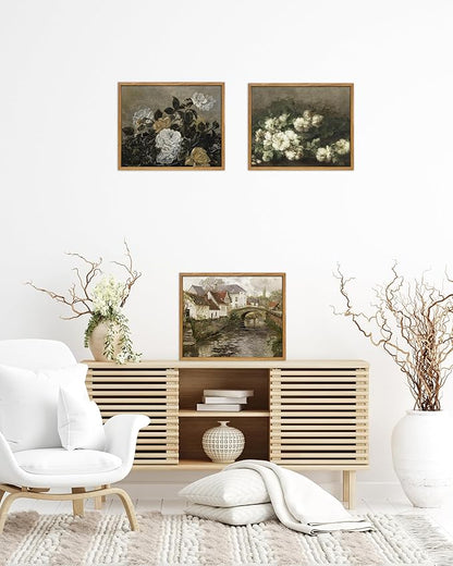 UPWOIGH Vintage Framed Wall Art,12"x16" Country Oil Painting,Belgian Village Canal Print,European City,Rustic Wall Decor,Antique Painting,Moody Autumn Farmhouse Artwork for Living Room Bedroom,1Pack