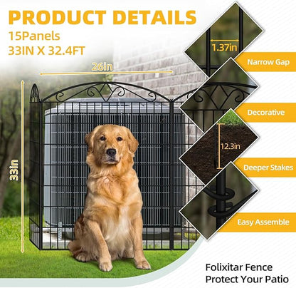 15 Panels No Dig Dog Fence Outdoor for Yard, 33in(H) x 32.5ft(W) Tall Animal Barrier Fencing Panels, Rustproof Ground Stakes Temporary Wire Screen for Patio