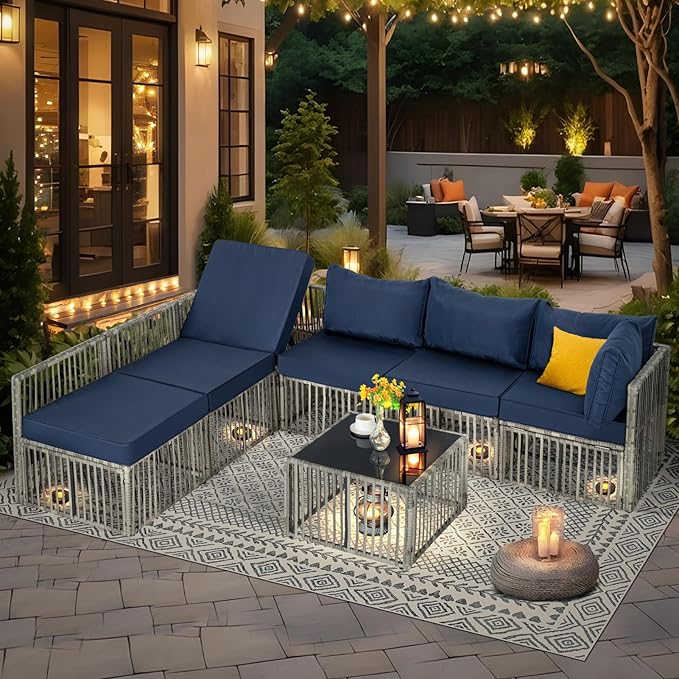 FHFO 7 Pieces Outdoor Patio Furniture Set, Wicker Outdoor Sectional Conversation Couch Set with Adjustable Backrest Sofa, Thick Cushion & Coffee Table for Garden, Porch, Poolside, Grey/Blue