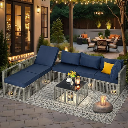 FHFO 7 Pieces Outdoor Patio Furniture Set, Wicker Outdoor Sectional Conversation Couch Set with Adjustable Backrest Sofa, Thick Cushion & Coffee Table for Garden, Porch, Poolside, Grey/Blue