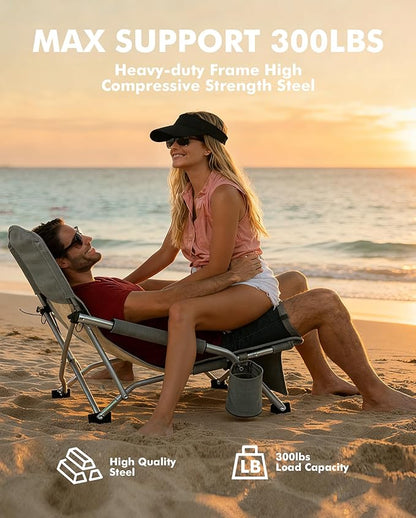 AKSOUL Folding Beach Chair for Adults: Low/High Back Chairs with Carry Bag - Extra Wide Seat Chair with Comfortable Pillow & Storage Pocket (1 Pack & 2 Pack, Blue)