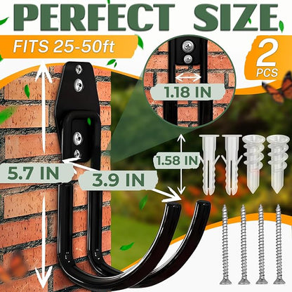2 Pcs Hose Hook Wall Mount with Heavy-Duty Steel Construction - Anti-Slip Coating, Holds Up to 66 lbs of Hoses, Cords, and Tools - Garden Hose Hanger for Outside Yard, Garage, Shed, or Fence Post