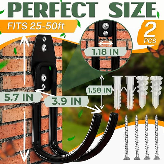 2 Pcs Hose Hook Wall Mount with Heavy-Duty Steel Construction - Anti-Slip Coating, Holds Up to 66 lbs of Hoses, Cords, and Tools - Garden Hose Hanger for Outside Yard, Garage, Shed, or Fence Post