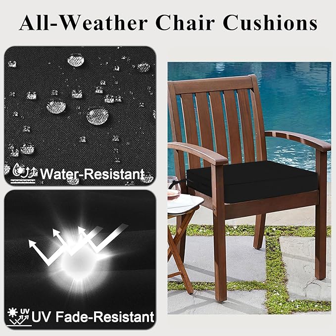 Outdoor Chair Cushions 24x24x4 Inch, Waterproof Black Patio Furniture Cushions Set of 2 with Ties & Handle, 3 Year Color Fastness Square Replacement Seat Cushions for Sofa, Couch