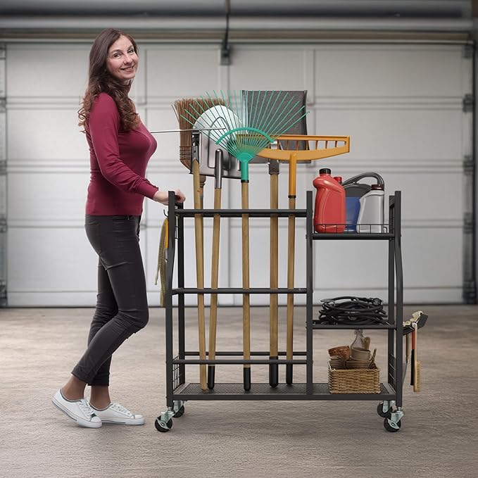 Garage Garden Tool Organizer with Wheels - Yard Tool Storage Rack with 28 Slots for Long Handles, 10 Hooks, 2 Cord Wrappers, 3 Shelves, and Locking Wheels - Shed or Garage Organization by Pure Garden