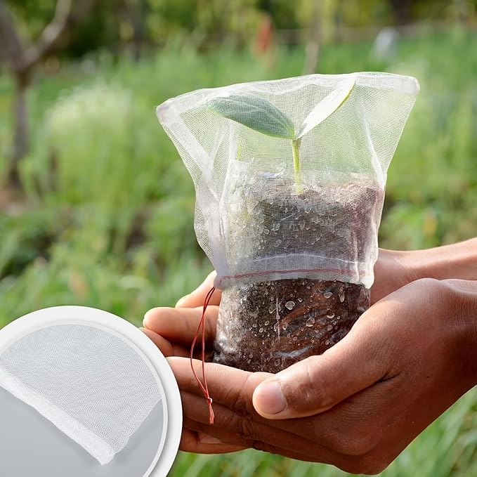 SATINIOR 60 Pcs Seedling Protection Garden Mesh Insect Netting Pest Barrier Bag with Drawstring Tubes Tree Guard Sleeve Tree Tubes Net for Outdoor Plant Landscaping