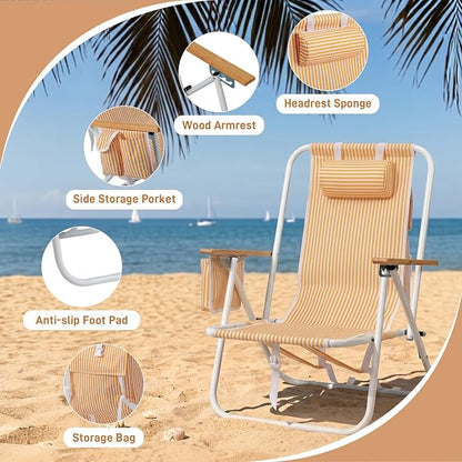 Outvita 2 Pack Folding Beach Chair, 4 Position Adjustable Reclining Lounge Chair with Padded Headrest, Large Rear & Side Storage Pockets, Lightweight Portable Outdoor Chair for Beach Pool Garden BBQ