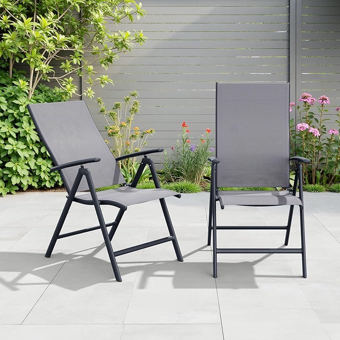 Crestlive Products Folding Patio Chairs Set of 2, 7-Level Adjustable Recliner Chairs Foldable Outdoor Lawn Chairs for Pool, Backyard,Gray