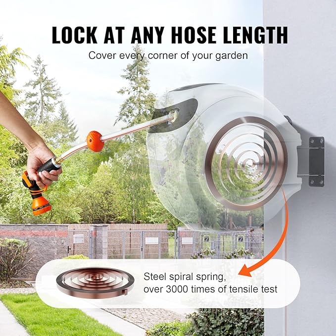 VEVOR Retractable Hose Reel, 130 ft x 1/2 inch, Garden Water Hose Reel with 9-Pattern Nozzle, 180° Swivel Bracket Wall-Mounted, Automatic Rewind, Lock at Any Length, with Slow Return System