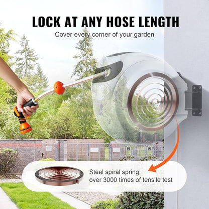 VEVOR Retractable Hose Reel, 100 ft x 1/2 inch, Garden Water Hose Reel with 9-Pattern Nozzle, 180° Swivel Bracket Wall-Mounted, Automatic Rewind, Lock at Any Length, with Slow Return System