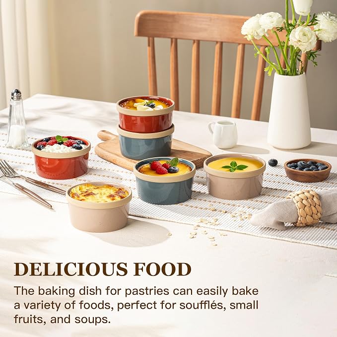 DAFUCERAMIC Ramekins 8 Oz Oven Safe, Ceramic Creme Brulee Souffle Dishes, Pudding Custard Cups Ramekin For Baking, Small Dipping Sauce Bowls, Set of 6, Microwave and Dishwasher Safe (Artisan Colors)