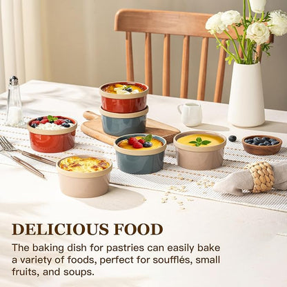 DAFUCERAMIC Ramekins 8 Oz Oven Safe, Ceramic Creme Brulee Souffle Dishes, Pudding Custard Cups Ramekin For Baking, Small Dipping Sauce Bowls, Set of 6, Microwave and Dishwasher Safe (Artisan Colors)