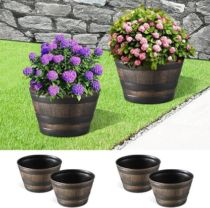 YI 4 Pack Whiskey Barrel Garden Planters 13” Rustic Oak Resin Planter for Indoor & Outdoor Plant Flower Pot