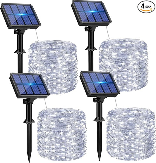 btfarm 4 Pack Solar String Lights Outdoor - 320LED 132FT Solar Fairy Lights Outside Waterproof 8 Modes, Copper Wire Twinkle Solar Powered Light for Garden Yard Tree Christmas Wedding Decor, Cool White