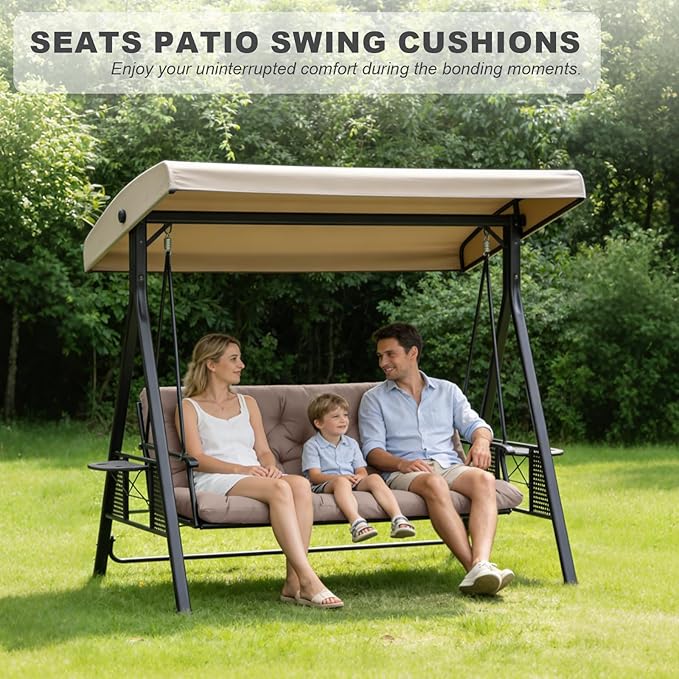 Outdoor Swing Cushions,Waterproof Swing Cushions 3 Seater Replacement with Backrest,Outdoor Thickened Bench Cushion with Ties for Porch,Patio,Backyard,Garden and Lawn (Khaki 60 * 40 in)