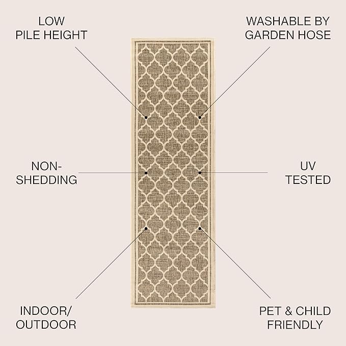 JONATHAN Y Moroccan Trellis Indoor Outdoor Runner Rug 2X14 Brown/Beige, Trebol Textured Weave for Backyard, Patio, Porch, Easy-Cleaning, High Traffic, Pet-Friendly, Non-Shedding (SMB109A-214)