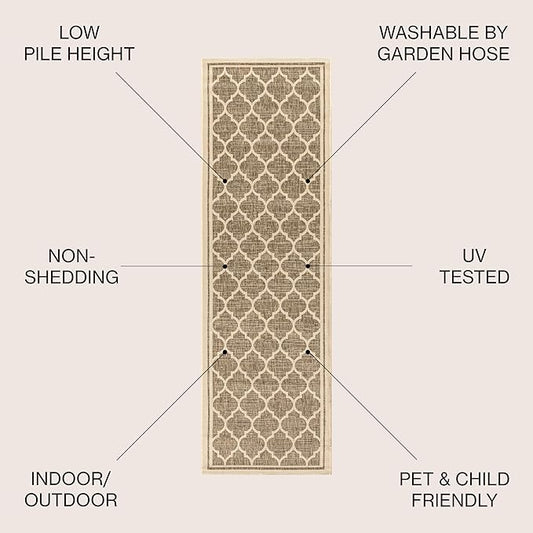 JONATHAN Y Moroccan Trellis Indoor Outdoor Runner Rug 2X10 Brown/Beige, Trebol Textured Weave for Backyard, Patio, Porch, Easy-Cleaning, High Traffic, Pet-Friendly, Non-Shedding (SMB109A-210)